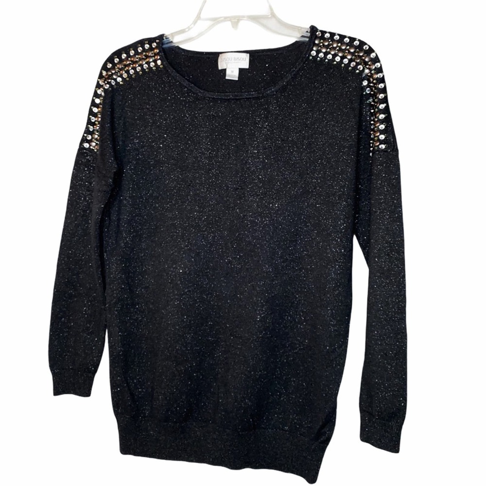 Bisou Bisou Studded Metallic Infused Black Sweater Medium